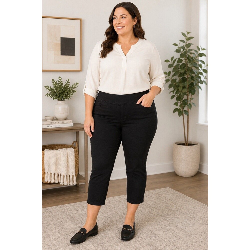 Nine West Women's Black Denim Pull On Crop Pants Slim Tapered Stretch Pockets 16